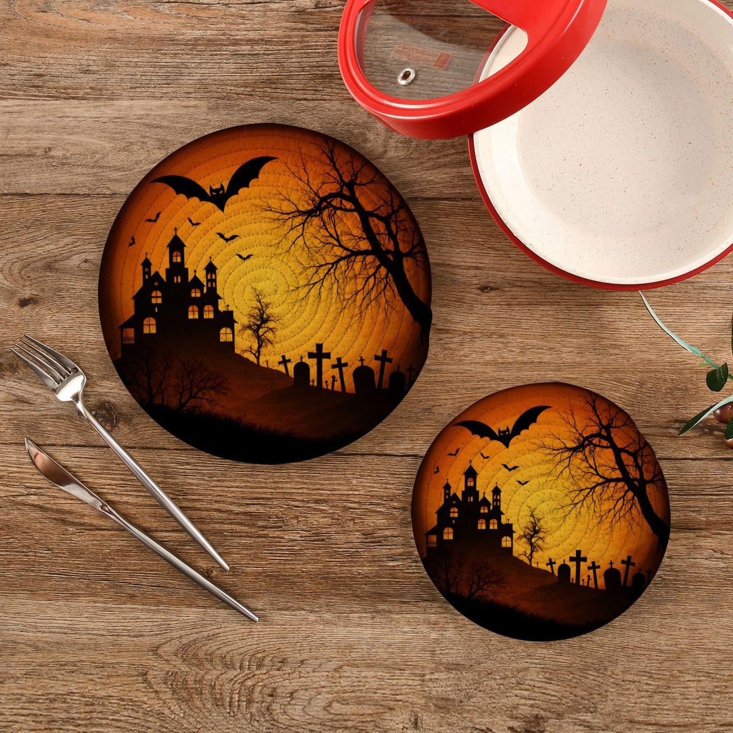 ALAZA Halloween Trivets for Hot Dishes 2 Pcs,Hot Pad for Kitchen,Trivets for Hot Pots and Pans,Large Coasters Cotton Mat Cooking Potholder Set 7