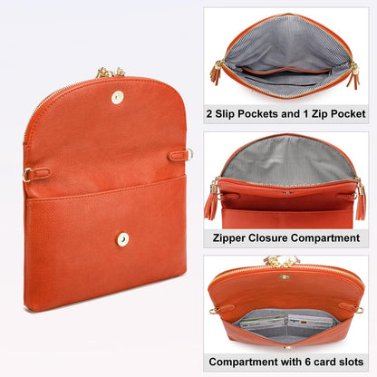 Solene Womens Envelop Clutch Purse Multi Compartments, 6 Card Slot Inside, Crossbody Bag With Tassels (WU075-Burnt Orange)