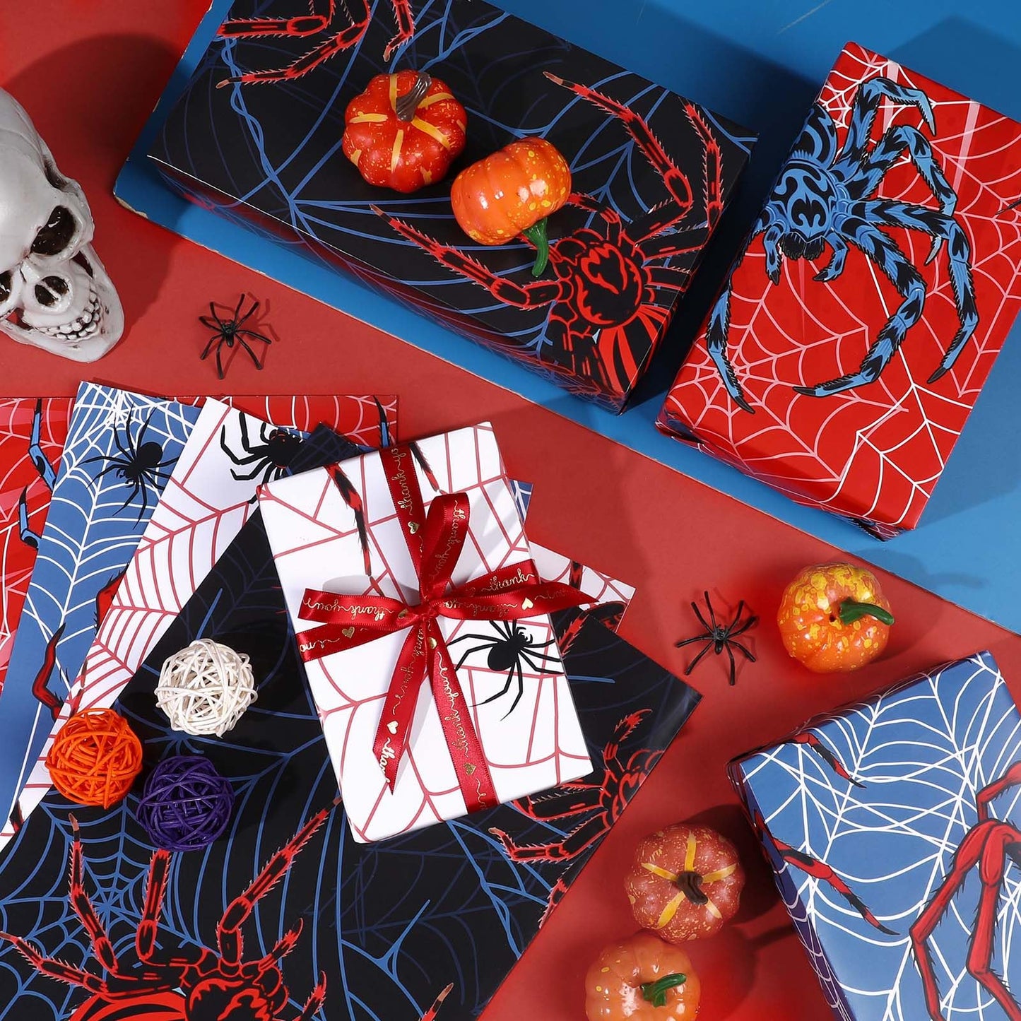 Pineraap 12 Sheets Spider Wrapping Paper, Spider Web Gift Wrap Blue Red Gift Packing for Boys Men Birthday Party DIY Crafts, 19.7 x 27.6 Inch