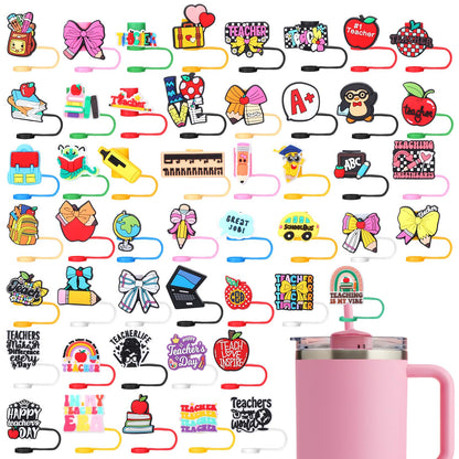 Willinglong 50 Pcs Teachers Appreciation Gifts for Women Bulk Straw Topper Cover Cap 10 mm Back to School Teachers Gift for Tumbler Cups Reusable PVC Thank You for Nurse Party Firrst Day of School