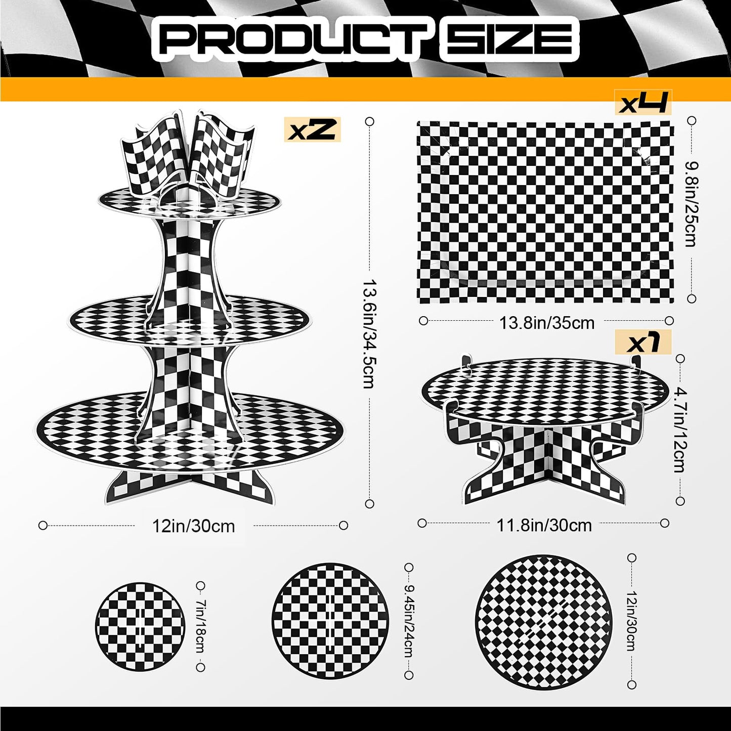 Zopeal 7 Pieces Racing Car Theme Cupcake Stand Set 3-Tier Cardboard Cupcake Display 1-Tier Cake Stand Round Dessert Display Rectangle Serving Tray Reusable Platters for Birthday Party