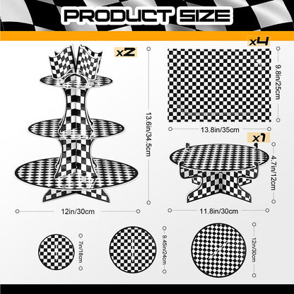 Zopeal 7 Pieces Racing Car Theme Cupcake Stand Set 3-Tier Cardboard Cupcake Display 1-Tier Cake Stand Round Dessert Display Rectangle Serving Tray Reusable Platters for Birthday Party