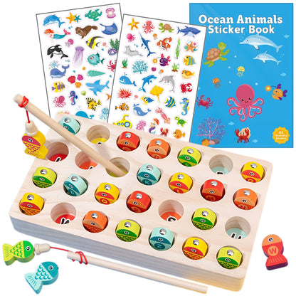 Haktoys Wooden Fishing Alphabet Game Magnetic Learning Toy with Ocean Sticker Book, ABC Toy with 26 Lettered Fish & 2 Poles, Educational Travel Game for Toddlers Preschool Kids