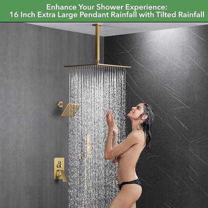 VANFOXLE Shower Faucet Set Brushed Gold Shower System, Push Button Diverter Shower Faucet with Trim Kit, Ceiling Mount 16 Inch Shower Head Increased Thick, 6 Inch Side Shower Head, 2-in-1 Handheld