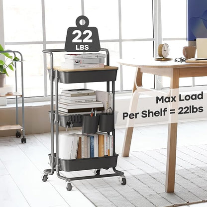 DTK 3 Tier Rolling Cart Uility Cart with Cover Board, Mobile Storage Cart with Wheels, Cups, Hooks for Office Utility Kitchen Bathroom Homeschool Art Craft Postpartum Teacher Cart Organizer(Black)