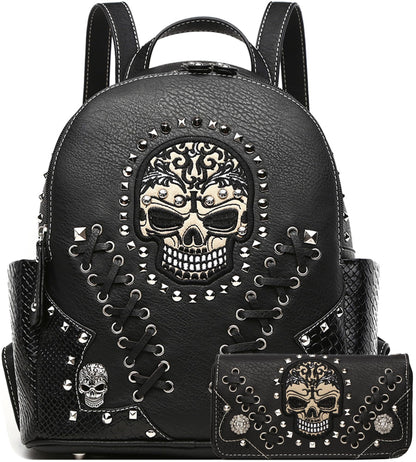 Cowgirl Trendy Sugar Skull Punk Art Rivet Stud Biker Purse Women Fashion Backpack Python Daypack Shoulder Bag Wallet Set (Black Set)