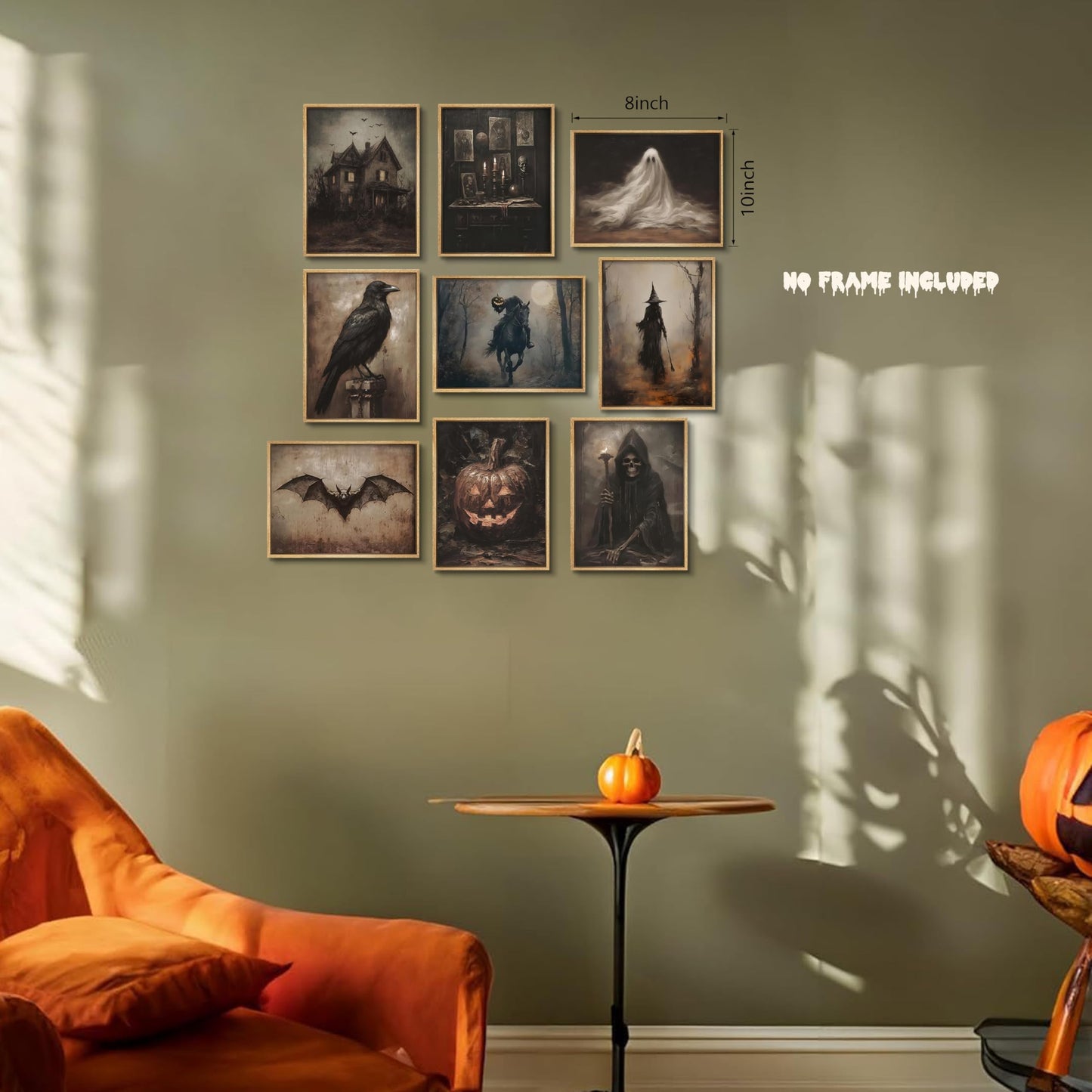 Halloween Posters Wall Art Set of 9, Dark Academia Headless Horseman Wall Decor, Gothic Moody Ghost Paintings, Spooky Witch Raven Canvas Prints Pictures for Living Room Bedroom 8x10 Inch Unframed