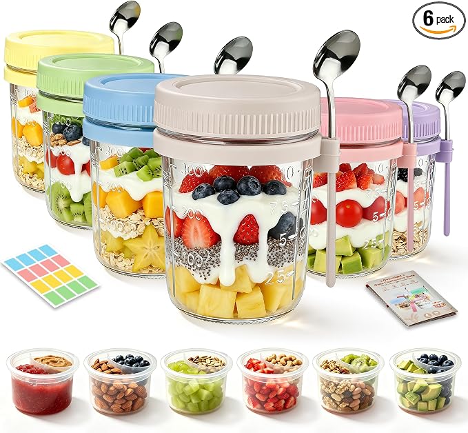 6Pcs Overnight Oats Containers with Lids and Spoons,16oz Glass Meal Prep Jars with Measurement Marks, Leak-Proof Breakfast Food Storage for Yogurt, Cereal, Salad, BPA-Free (6 Colors)