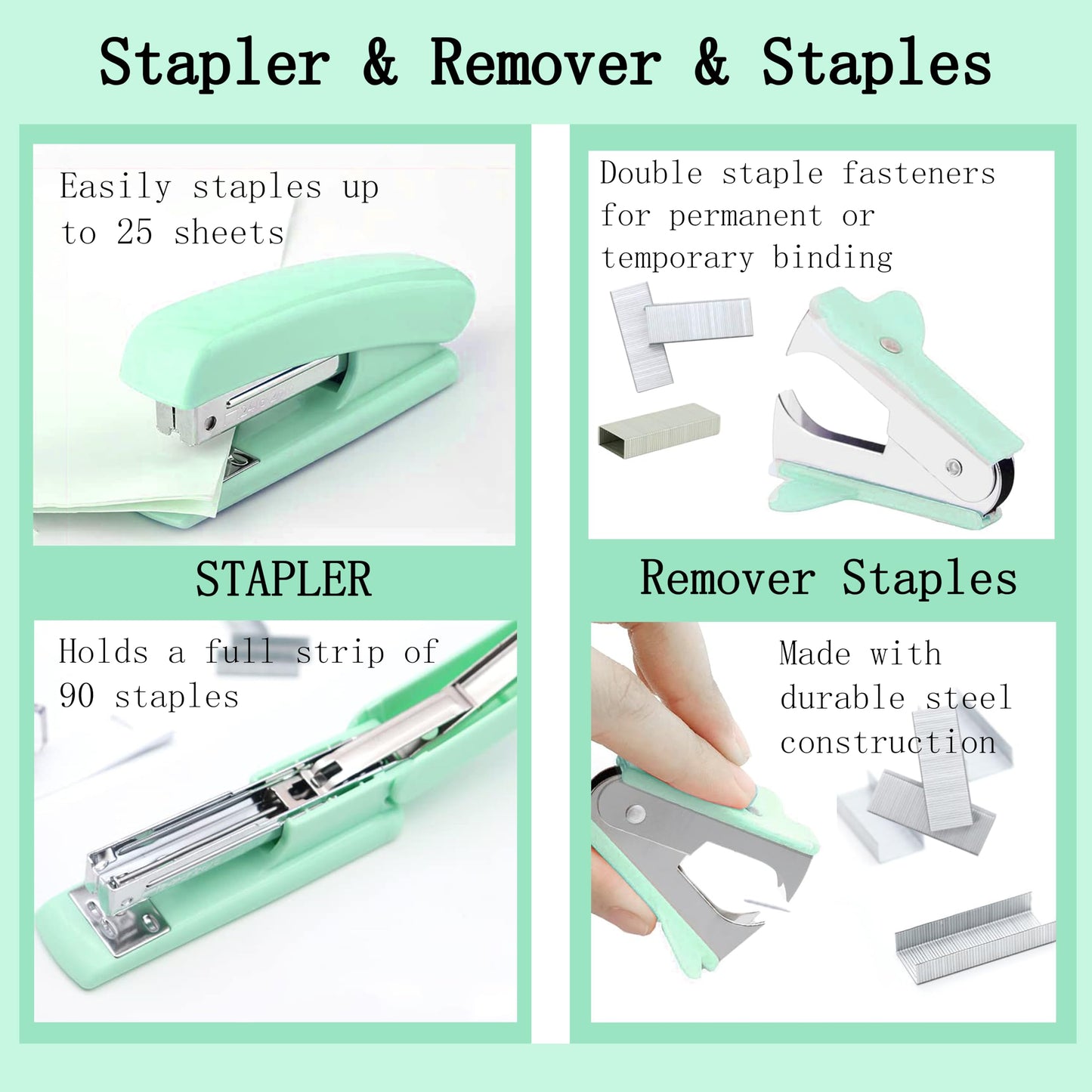 Dimonluce Green Office Supplies, Teal Desk Accessories Accessories with Tape Dispenser, Stapler, Staple Remover, 1000 Staples, Tape, Clips Set, Ruler, Scissor, Pen