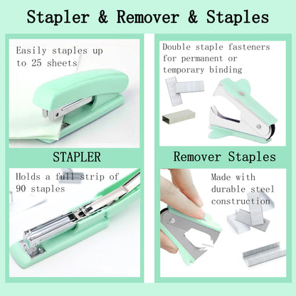 Dimonluce Green Office Supplies, Teal Desk Accessories Accessories with Tape Dispenser, Stapler, Staple Remover, 1000 Staples, Tape, Clips Set, Ruler, Scissor, Pen