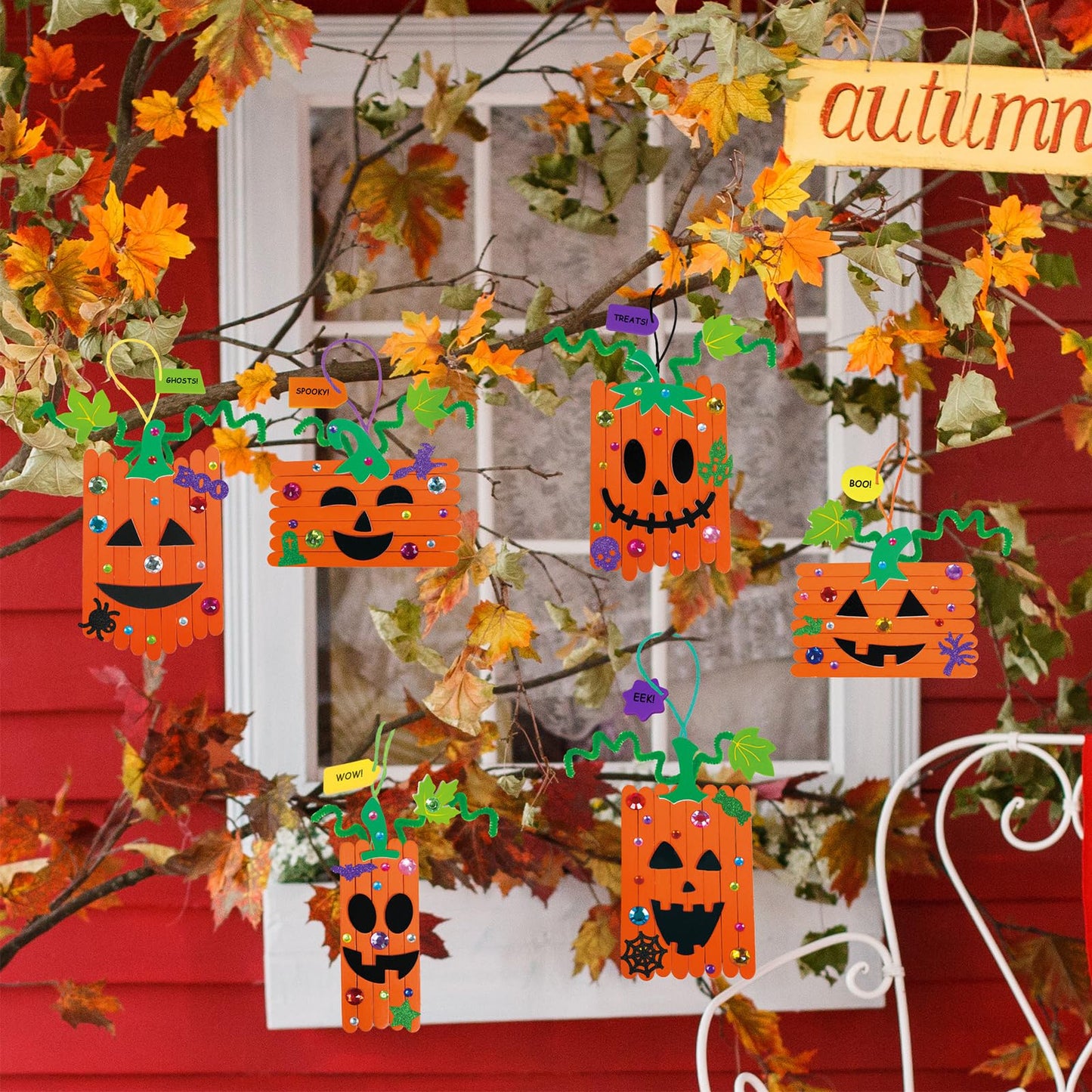Winlyn 24 Sets Fall Crafts Kits Halloween Crafts Individual Fall Kids Crafts DIY Pumpkin Fall Decorations Craft Sticks Pumpkin Foam Stickers Arts and Crafts for Kids Classroom Activities Party Favors