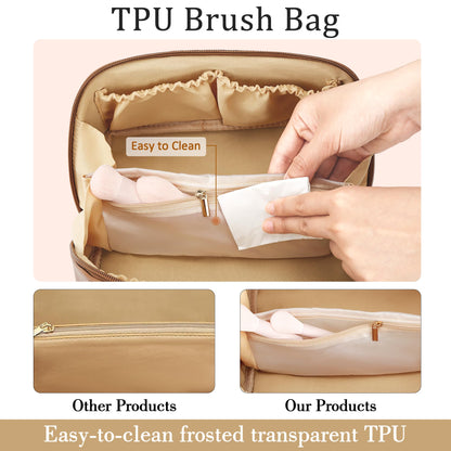 CLOUDWINGS Initial Makeup Bag Gifts for Women Bridesmaid Gifts Travel Toiletry Personalized PU Leather Waterproof Cosmetic Bag (Medium-Beige-A)