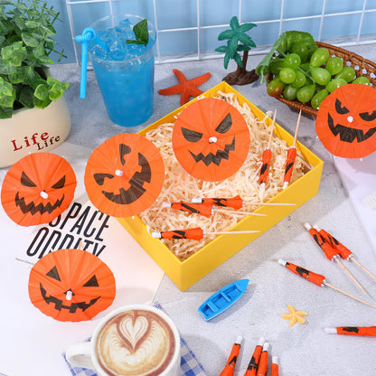Whaline 120 Pcs Summer Halloween Cocktail Umbrella Drink Picks Orange Black Pumpkin Drink Umbrellas for Beverage Fruit Cupcake Topper Decorations