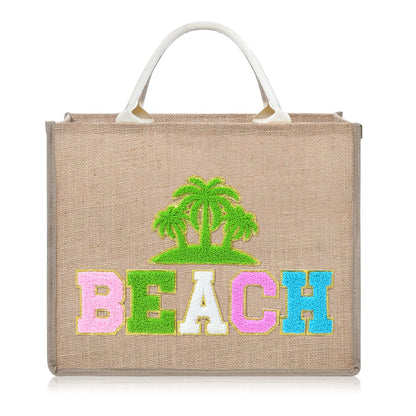 KUIRAN Beach Bag for Women, Large Woven Straw Beach Bag with Chenille Letter Patches and Water-resistant Lining, 22L Tote Handbag for Pool, Travel, Shopping, Summer Vacation, Bachelorette Gift - Green