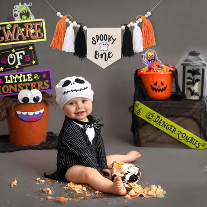 WAOUH Halloween 1st Birthday Decorations - Spooky One High Chair Banner,Cake Smash Halloween Spooky Banner,Ghost First Birthday High Chair Tassel Banner,Spooky Baby Birthday Photo Props