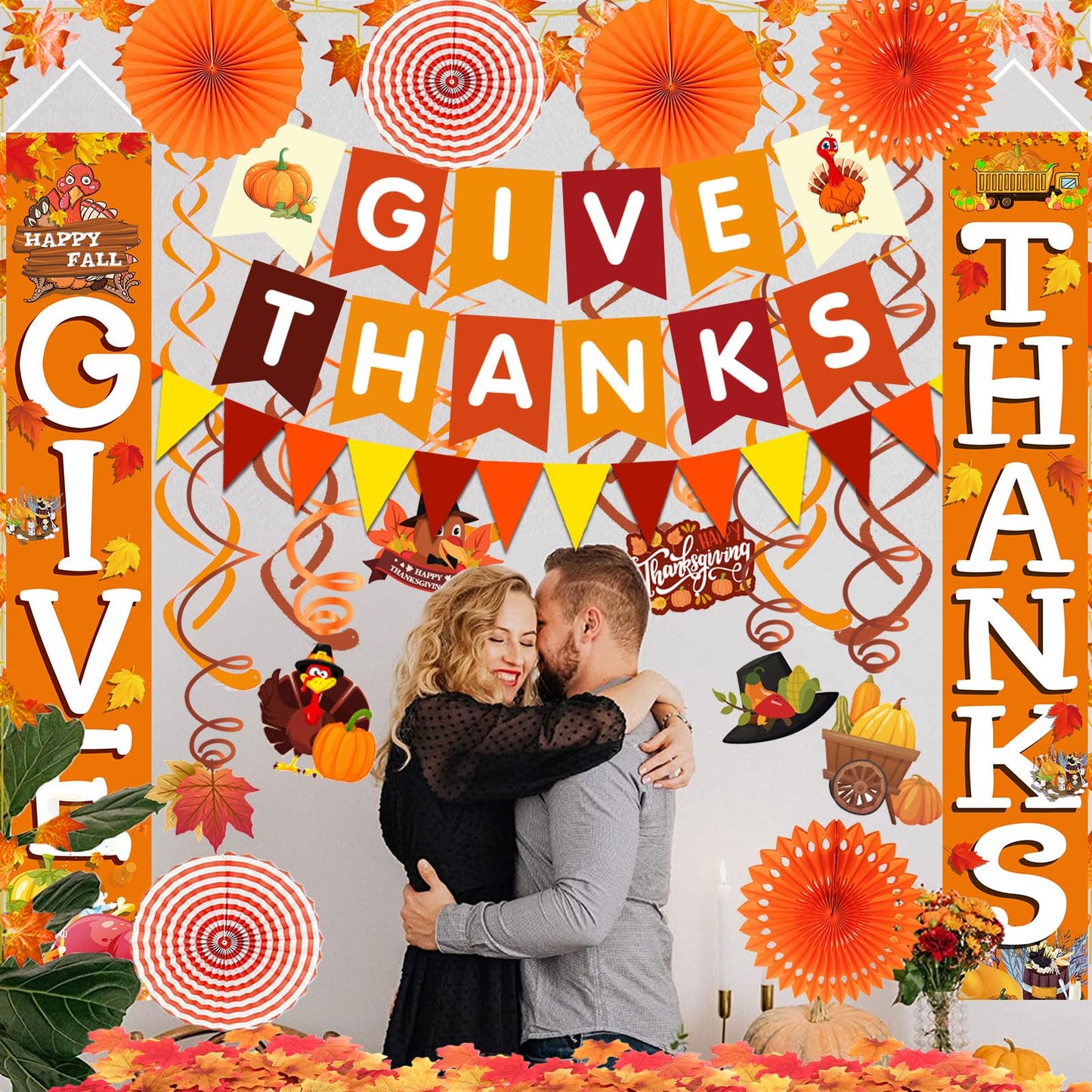 Famoby GIVE THANKS Hanging Banner Porch Sign Autumn Pumpkin Maple Leaf Backdrop Flag Banner Paper Fan&Swirls for Thanksgiving Party Decorations
