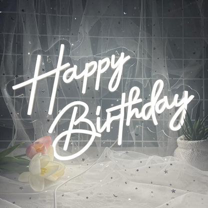 Happy Birthday Neon Sign for Wall Decor, Warm White LED Neon Light Signs, Art Decoration Happy Birthday Neon Light Sign for All Birthday Party Decoration with 2 Pcs Pasters (17×12 Inch)