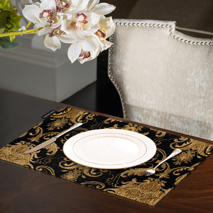 Loom and Mill Luxury Chenille Placemats Set of 4, Classic Damask Jacquard Table Place Mats for Dining Table Kitchen Halloween Holiday Banquet Decoration, Double-Layer Dining Table Mats(12"x18", Black)
