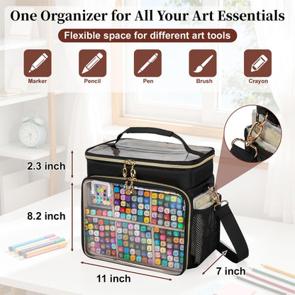 Wigojoy Large Marker Organizer Case for 200-300 Markers, Double-Layer Marker Bag with Removable Dividers, Marker Organizer for Markers, Pencils, Crayons or Other Art Supplies, Black (Bag Only)