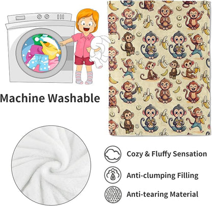 Monkey and Banana Blanket,Fun Cartoon Jungle Theme Throw Blankets,Birthday Gifts for Kids & Animal Lovers,Lightweight Soft Fleece,for Picnic Sofa Couch Bed Room Travel,Modern Decor,50x60in