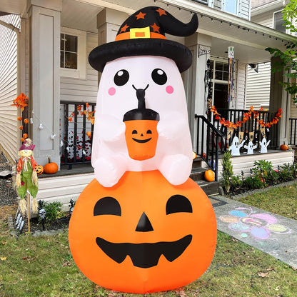 GOOSH 5 FT Halloween Inflatable Ghost Pumpkin Outdoor Decorations Blow Up Yard Ghost in Pumpkin with Built-in LEDs for Indoor Party Garden Lawn Decor