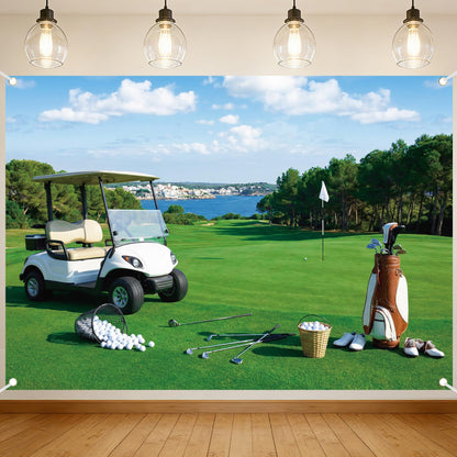 Golf Course Backdrop for Photography - 7x5 ft Golf Sport Holiday Vacation Retirement Backdrop Photo Props Green Grass Blue Sky Lawn Flag Lake Outdoor Sports Backgrounds