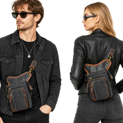 Handadsume Water Resistant Canvas + Leather Motorcycle Fanny Waist Pack One Shoulder Drop Leg Thigh Bag For Men Women FB211-6 (Z-211-11-Black)