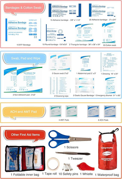 WELL-STRONG Dual Waterproof Boat First Aid Kit, Emergency Marine Kit with Buckles, Compact Boat Safety Accessories for Fishing Kayaking Boating Swimming Camping Rafting Beach Transparent Red