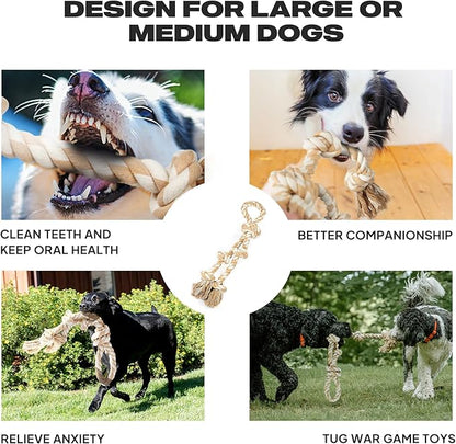 PetiFine Dog Rope Toys for Aggressive Chewers - Large, Tough Indestructible Natural Cotton Rope Toy with 3 Big Knots and a Handle for Tug of War