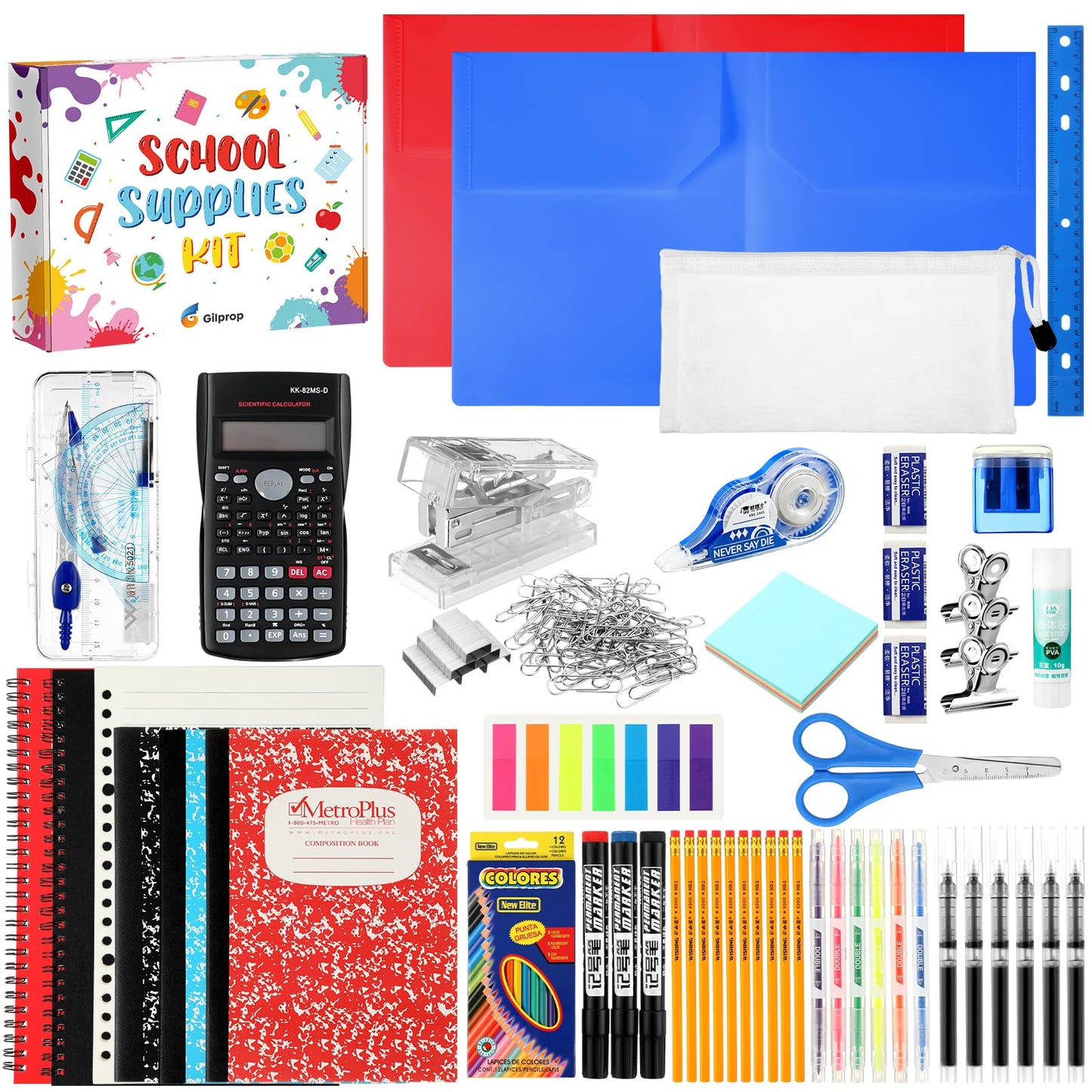 Gilprop 108 Pcs Middle High School Supplies Kit Back to School Supplies for Student 7-12 Grades Essentials Bundle Box Calculator Pencils Compass Notebook Pens(Colorful)