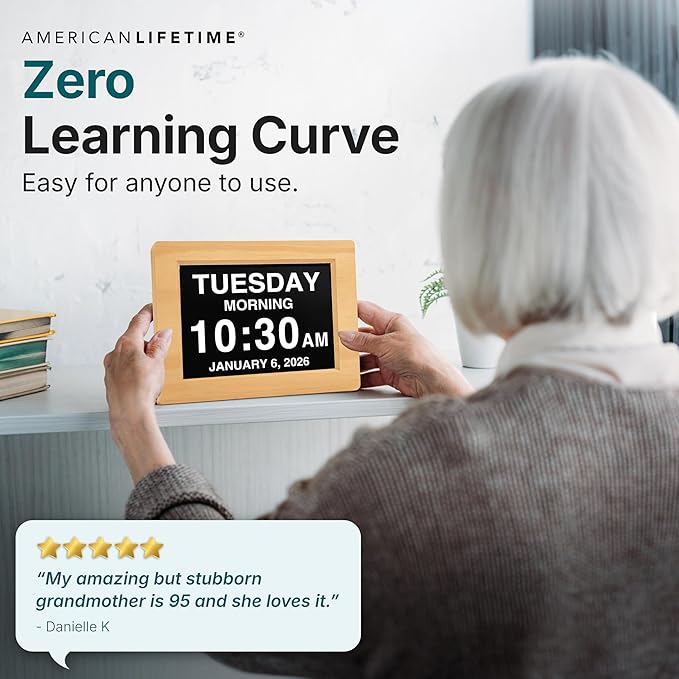 American Lifetime New 2026 Dementia Clock Large Digital Clock for Seniors, Alzeimer Clock Large Display with Custom Alarms, Clock with Day & Date for Elderly, Digital Calendar Premium Light Wood