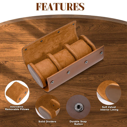 ROSELLE Watch Roll Travel Case for Men and Women- 3 Watch Storage and Organizer-Secure Storage with Innovative Removable Pillows & Solid Dividers for Home, Travel and Display(Brown)