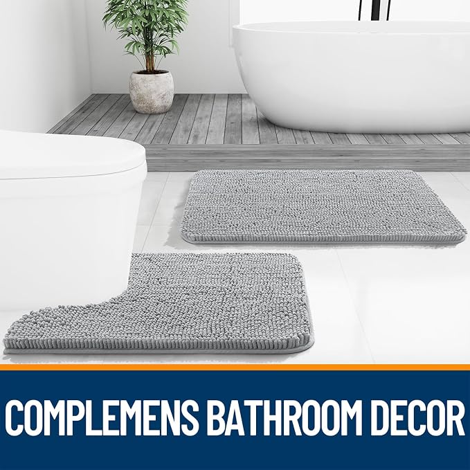 OLANLY Bathroom Rugs 32x20, Extra Soft Absorbent Chenille Bath Rugs, Rubber Backing Quick Dry, Machine Washable Bath Mats for Bathroom Floor, Tub and Shower, Home Decor Accessories, Light Grey