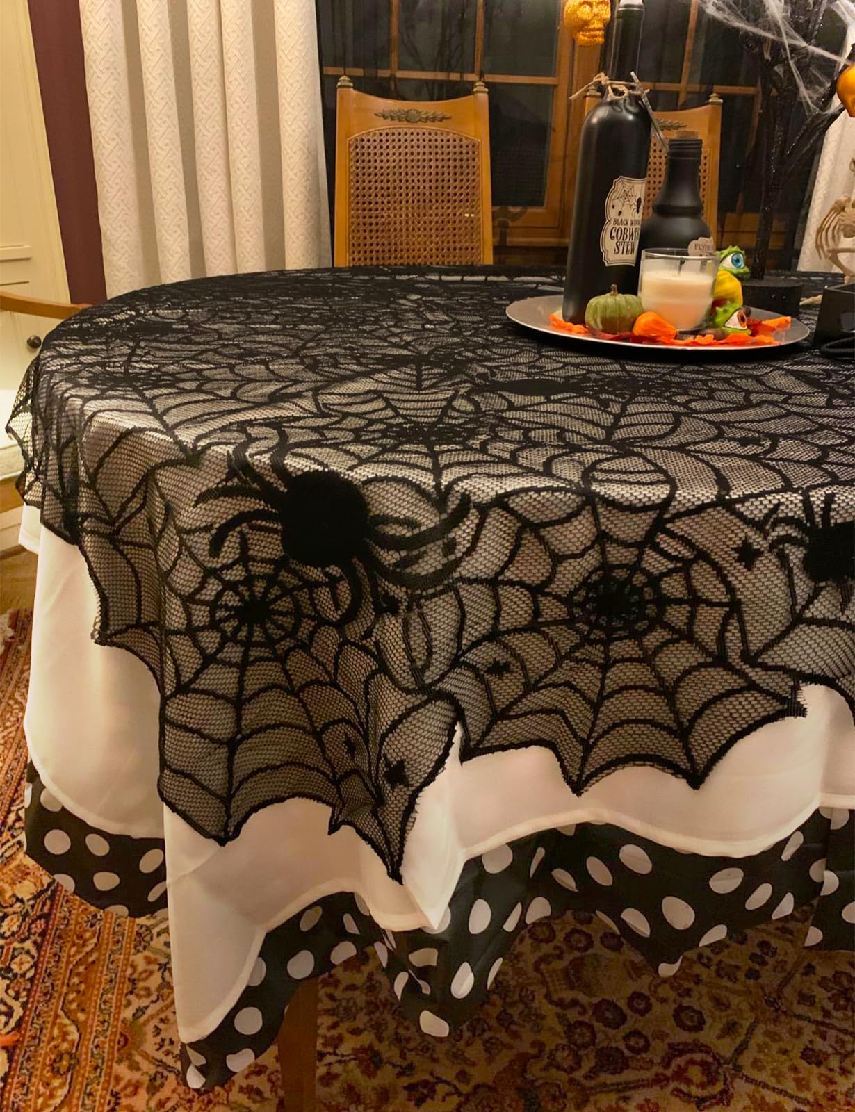 Halloween Table Cloth, Black Spider Web Lace Tablecloth for Rectangle Tables, Gothic Halloween Decor for Masquerade, Scary Movie Nights, Dinner Party Table Decorations 54 x 72 inch