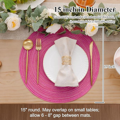 SHACOS Round Placemats Set of 4 Round Table Placemats Braided Cotton Place Mats 15 inch for Kitchen Dining Table Holiday Party (Hot Pink, 4)
