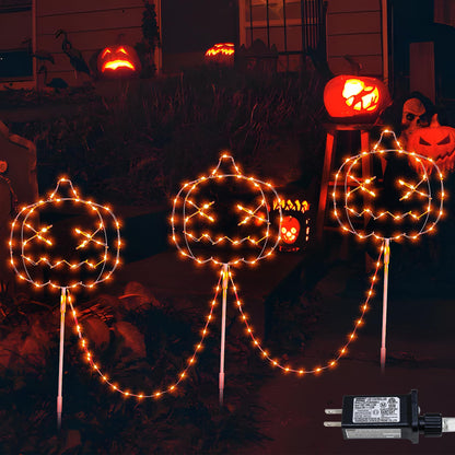 Qunlight Halloween Walkway Lights,163LED Outdoor Pumpkin Decorations Light Plug in,Timer 8 Modes Garden Stake String Lights for Pathway,Fence,Patio,Yard,Party,Halloween Decor-Orange