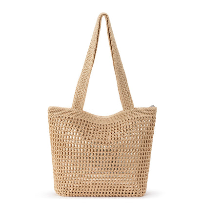 The Sak Casual Classics Tote Bag - Hand Crochet Woman's Purse For Everyday, Travel, Beach Bag - Handbag With Shoulder Straps - Bamboo with Gold Metallic Accents