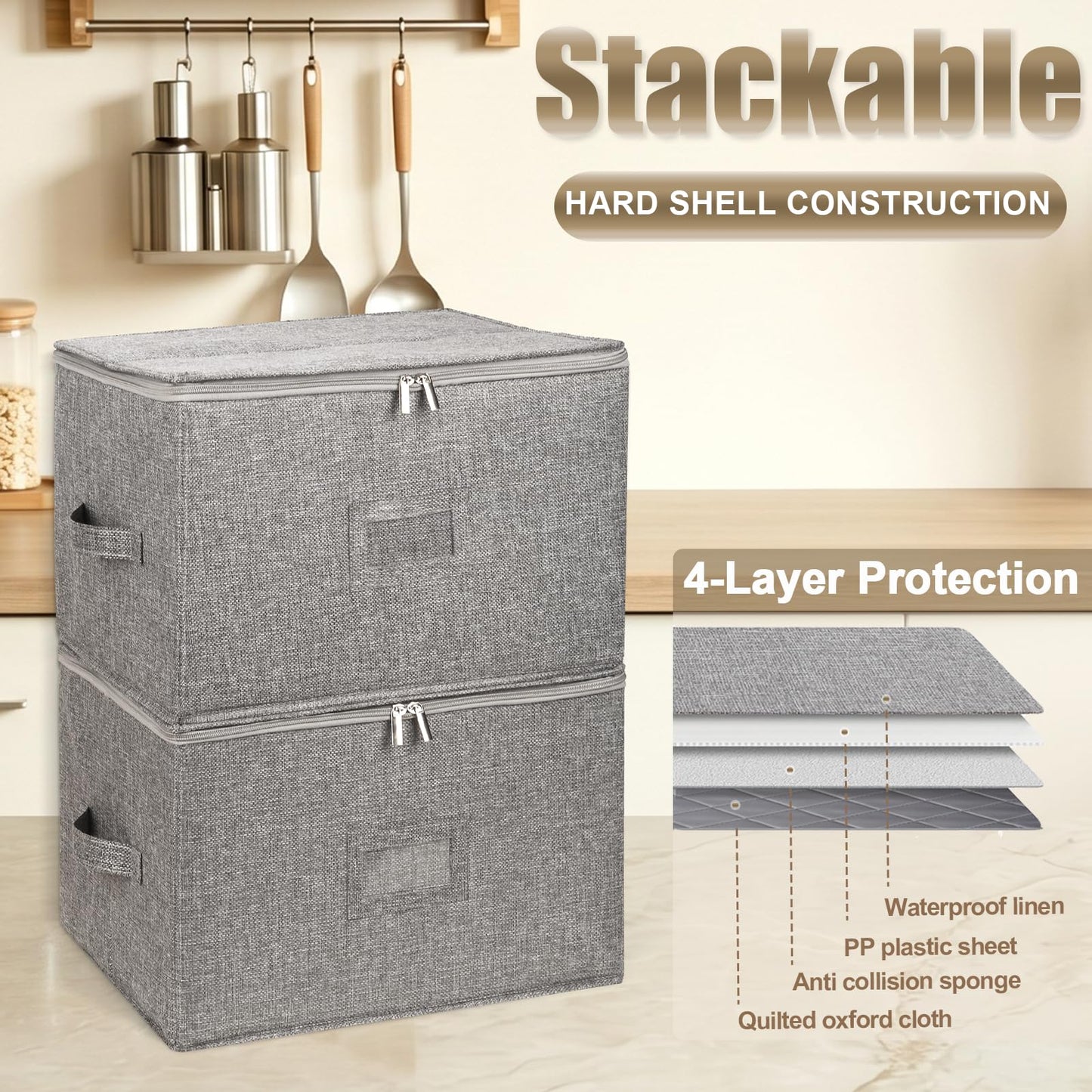 Wine Glass Storage Box with Dividers, 2-Pack Stemware Storage Containers w/Hard Shell Top Sides Bottom, Stackable Moving Boxes w/ Sturdy Handles for 24 Glassware Crystal Glasses Drinkware, 9.2'' Tall