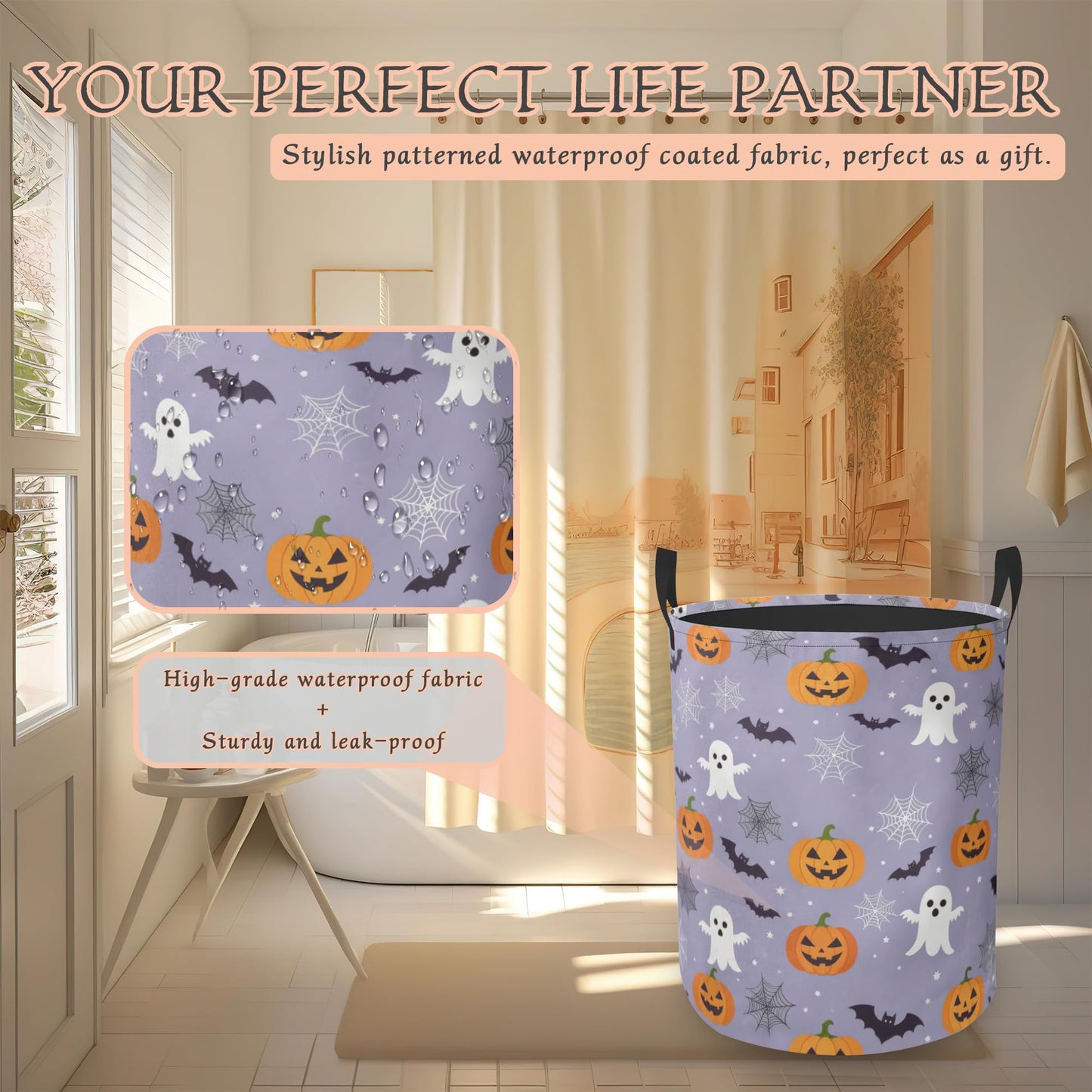 Halloween Ghosts Laundry Hamper with Handles,Pumpkins Bats Collapsible Waterproof Storage Basket for Dirty Clothes Books Round Organizer Bin for Bathroom Bedroom College Dorms 16" x 20.8"