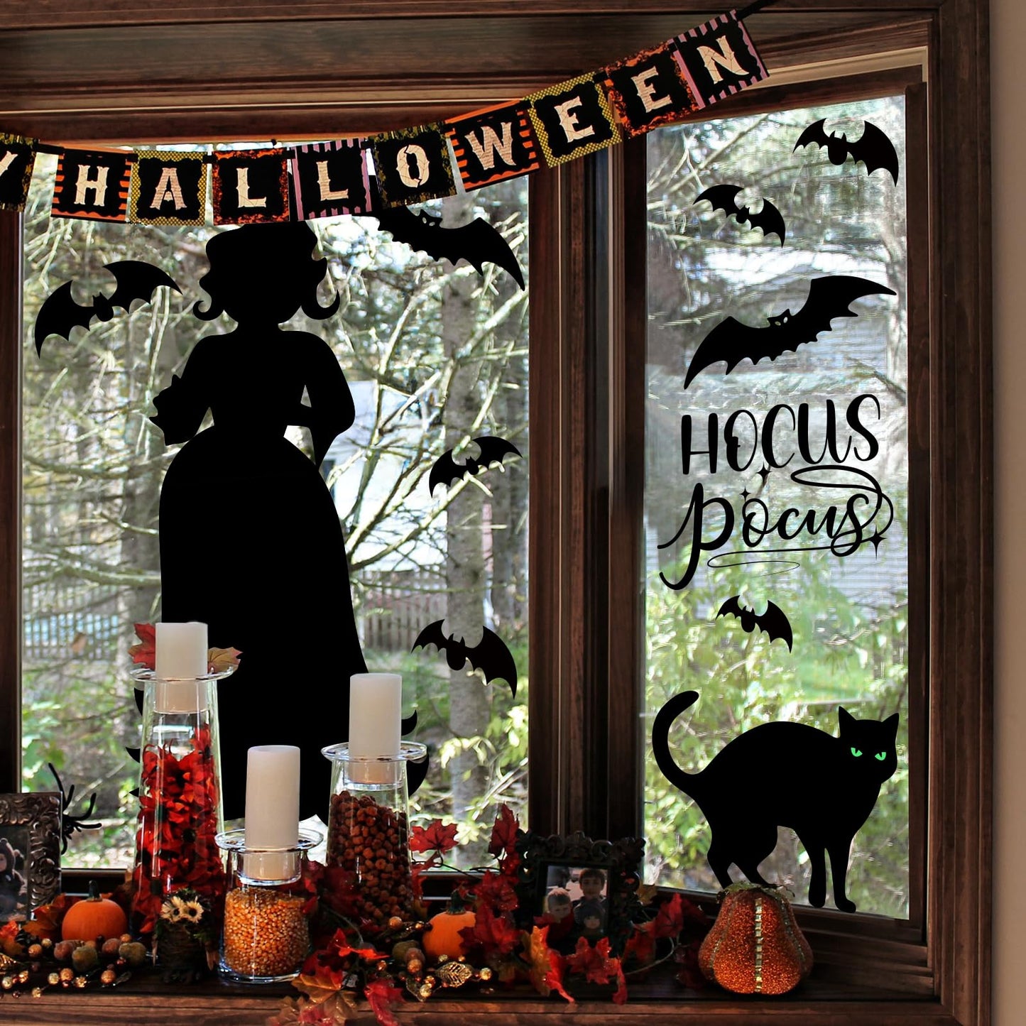 Halloween Window Clings Decor Decorations: Extra Large Hocus-Pocus Witchs Black Cat Bat Silhouette Window Decals, Halloween Window Stickers Indoor, School Home Office Party 3 Sheets