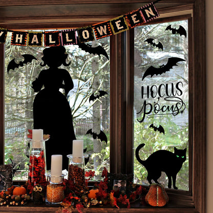 Halloween Window Clings Decor Decorations: Extra Large Hocus-Pocus Witchs Black Cat Bat Silhouette Window Decals, Halloween Window Stickers Indoor, School Home Office Party 3 Sheets