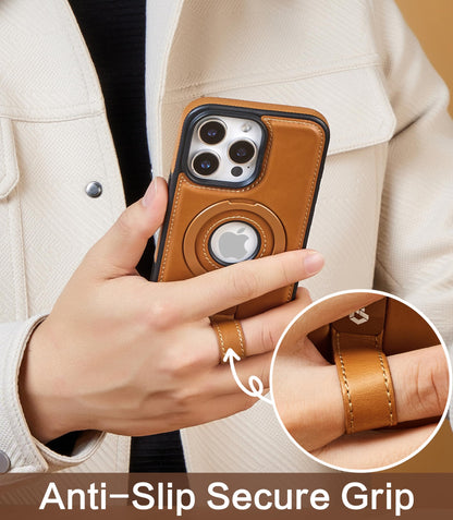 Butaiga for iPhone 16 Pro Max Leather Case with Stand, Anti-Slip Grip Ring, Fits for MagSafe (Brown, iPhone 16 Pro Max)