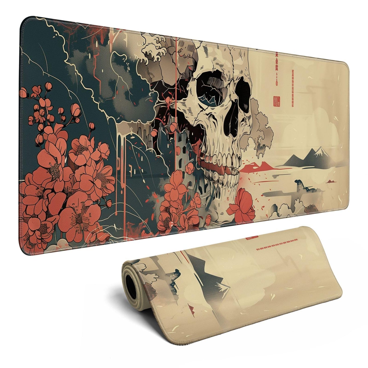 Skull Mouse Pad Japanese Ukiyo-e Mouse Pad XL Anime Big Mouse Pads for Desk Large Gaming for Men Desk Pad with Stitched Edges Non-Slip Large Computer Mat, 31.5x11.8 in