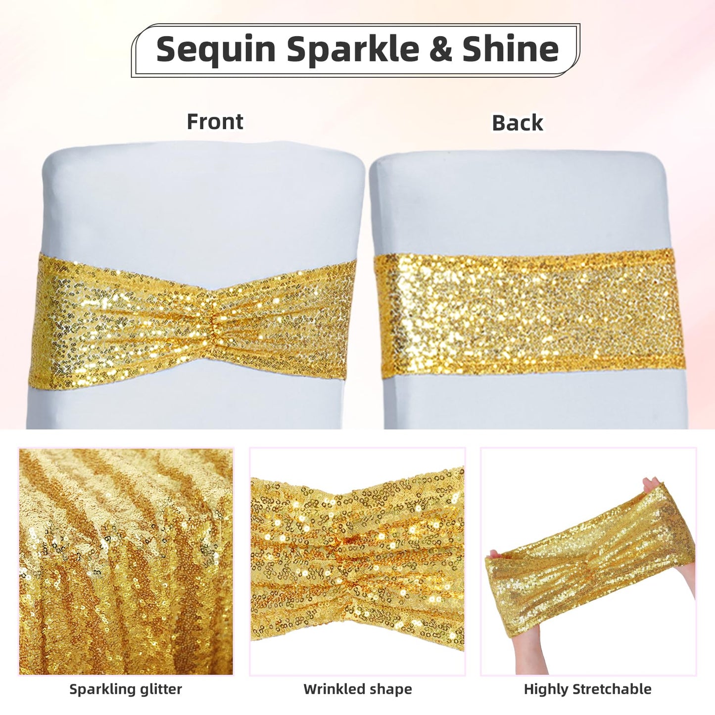 Poise3EHome Gold Sequin Chair Sashes Folding Chair Covers Bow for Party Wedding Reception Decorations, 50 PCS