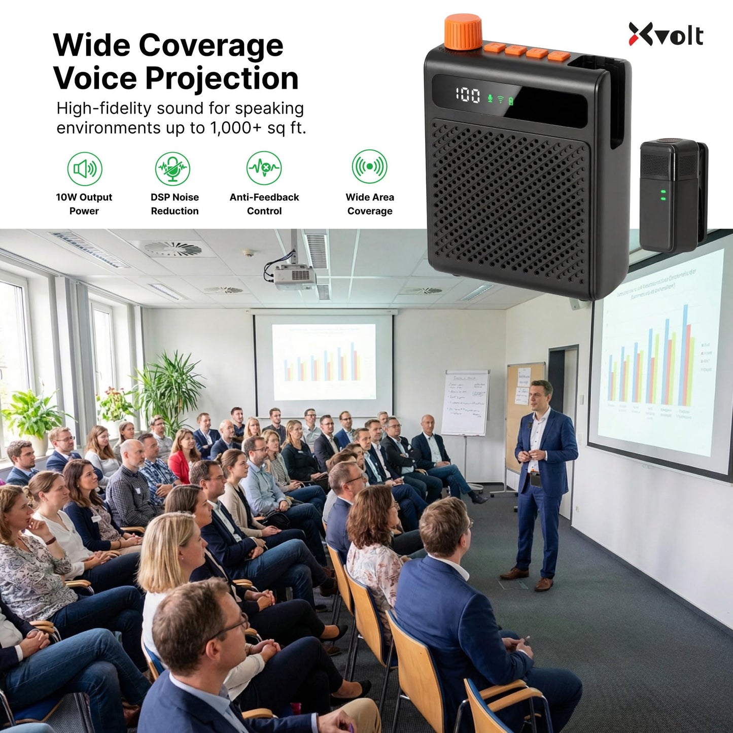 Xvolt Wireless Voice Amplifier for Teachers with Microphone - Portable Rechargeable 10W Bluetooth Speaker with Wireless Clip-On Mic Waist Strap for Classroom Teaching Public Speaking Training (Black)