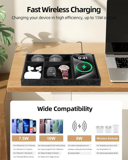 Investme Valet Tray with Wireless Charger, Nightstand Organizer for Men, EDC Catchall Tray for Keys, Watch, Wallet, Jewellery, Premium Vegan Leather, Bedside Caddy, Stylish and Organized, PU Black
