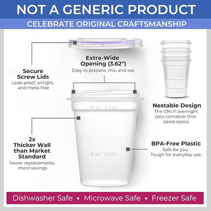 BubbleWally JoyPlus Overnight Oats Containers with Lids Plastic (Purple) - Meal Prep Containers Reusable for Food Storage – 16oz Jars for Breakfast, Snacks, and Lunch