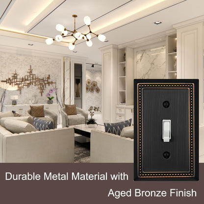 OKAWYC Single Toggle Light Switch Cover Belaire Beaded Metal Wall Plate, 4-Pack Aged Bronze 1 Gang, Oil Rubbed Bronze Light Switch Cover Decorative Wallplate, Durable
