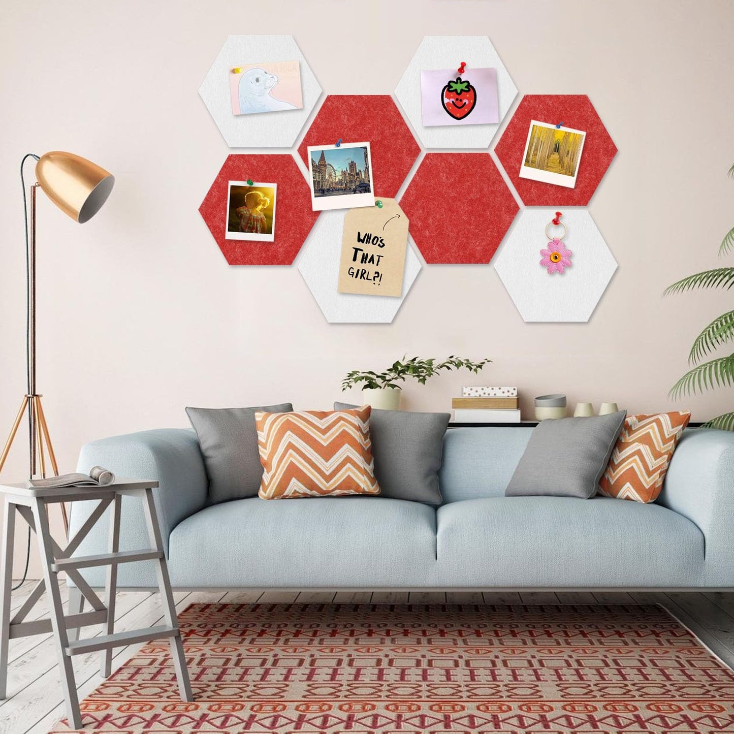 8 Packs White Red Hexagon Felt Pin Board, 12" Bulletin Board with 30 Push Pins, Felt Board for Home Kitchen Office Decor, Self-Adhesive Corkboard Tiles for Walls Message Photos Memos Display