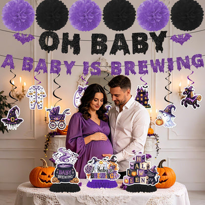 Deorfuy Halloween Baby Shower Decorations, 16PCS a Baby is Brewing Banners with Hanging Swirls Decorations, Halloween Gender Reveal Honeycomb Centerpieces and Paper Poms Decor Supplies Black Pink